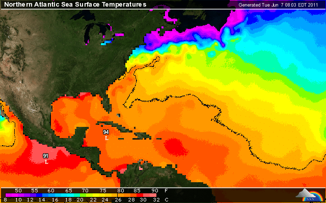 Note the red circle of warm water centered over the eastern Caribbean where St. Kitts & Nevis is located. 