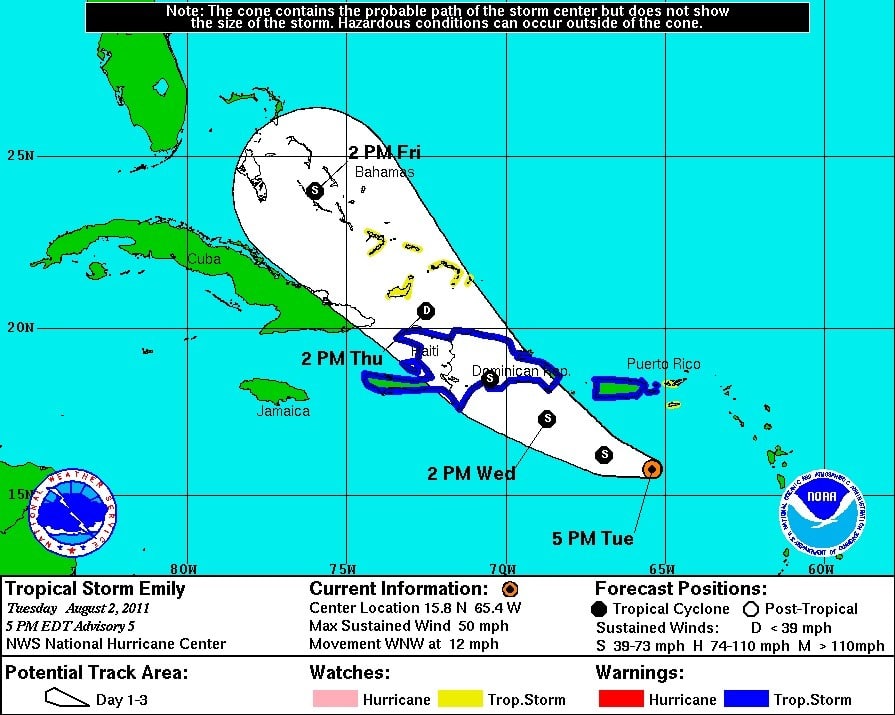 National Hurricane Center forecast map for TS Emily at 5 PM on August 2, 2011