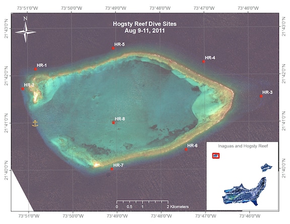 Hogsty Reef sites surveyed on August 9-11, 2011 during the Inaguas and Hogsty Reef leg of the Global Reef Expedition