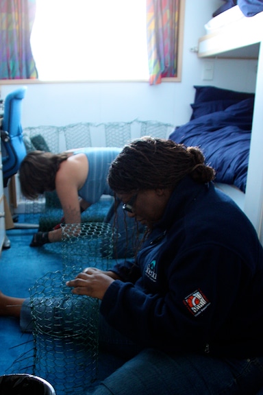 Dr. Sonia Bejarano (Living Oceans Fellow) and Indira Brown of the Bahamas Department of Marine Resources build fish exclusion cages