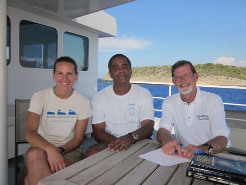 Aurora Alifano (left), Island Conservation, Jean Wiener (middle), Foundation for the Protection of Marine Biodiversity, and Mike Trimble (right), Coral Reef Educator on the Water (CREW)