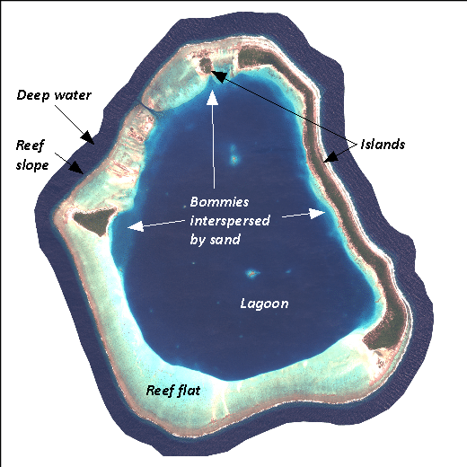 A WorldView-02 image of Mopelia showing the reef’s geomorphological features. This information becomes part of the seafloor mapping process.