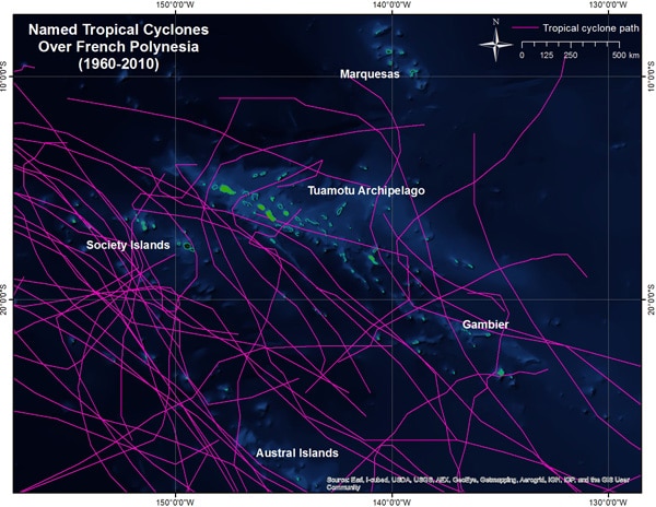 Coral threats: Tropical cyclones can be hundreds of kilometers wide, which would cover all of French Polynesia.