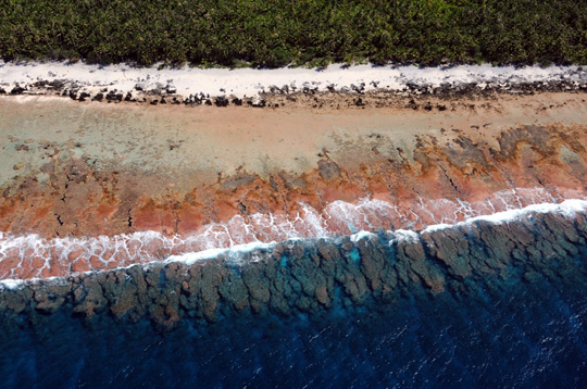 A dramatic spur and groove fore reef structure on the south side of Rangiroa, part of the Tuamotu archipelago