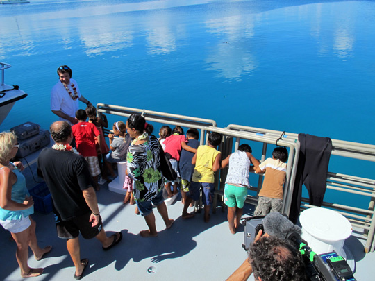 Students peer off the stern of the Golden Shadow to see what's below them in the water