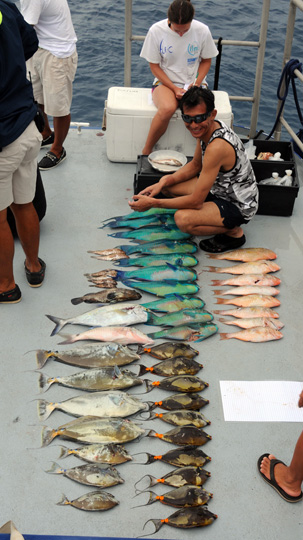 The day's catch includes two species of parrotfish (Chlorurus micorhinos, Hipposcarus longiceps) , unicornfish/surgeonfish (Naso lituratus and N. unicornis), two groupers (Epinephelus merva and E. tauvina), Parapeneus barberinus and a jack (Carangoides orthogrammus), all species known to be ciguatoxic here.