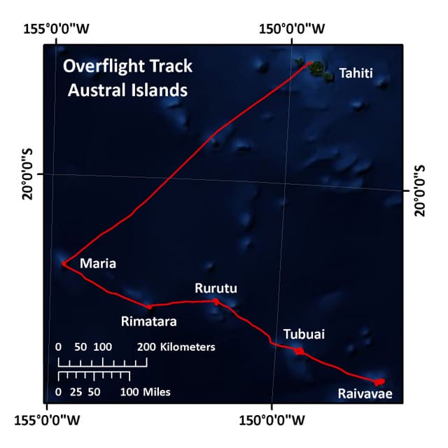 The overflight track for the Austral Islands