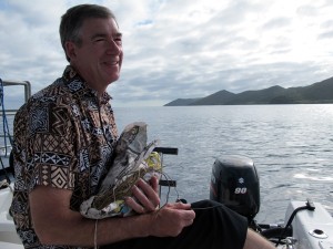 Phil Renaud, Director of the Khaled bin Sultan Living Oceans Foundation heading to the island to ask permission from Roko Sau to research reefs around Totoya MPA.