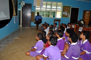 Roko Laitia Raloa presenting Fiji coral reef awareness to a primary school in Kabara Island.
