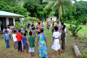Totoya island, Tovu Village primary school playing food web activity.