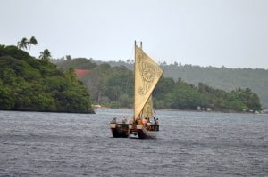 A tour boat in Vava’u as a replica of a Polynesian vessel.