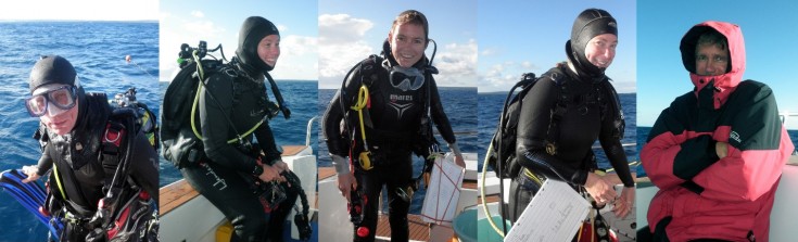 Cold water diving: Members of the dive team clad in layers of wetsuits, hoods, and windbreakers - cold but happy (left to right: Andrew Bruckner, Alex Dempsey, Kate Fraser, Dawn Bailey, and Ken Marks)