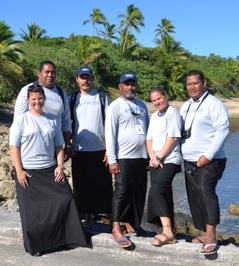 The Tongan Coral Conservation Education Team: Amy Heemsoth, Malakai Finau, Hoifua 'Aholahi, Sione Mailau, Karen Stone, and 'Apai Moala.