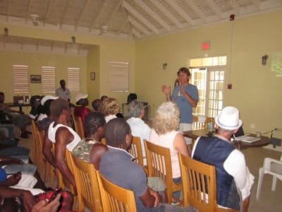 Chief Scientist Dr. Bruckner doing outreach in Jamaica about the health of the coral reefs, and the impact that overfishing has had in the area.