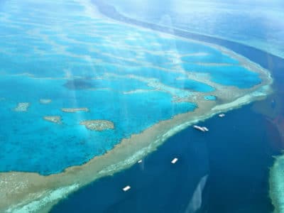 Helicopter view of the reef and boats over the Great Barrier Reef at the Whitsunday Islands, Australia.