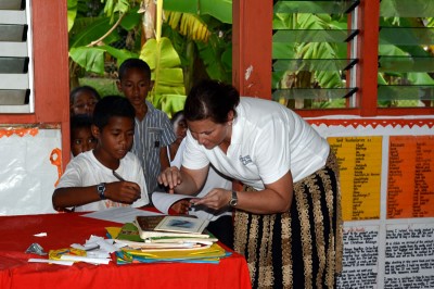 The foundation's Education Director, Amy Heemsoth, talks students through a questionnaire.