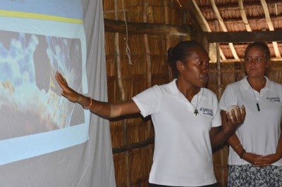 Solomon Islands Fisheries Officer presents information about coral reefs.