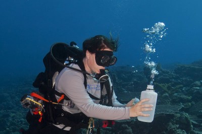 science diver taking water samples underwater