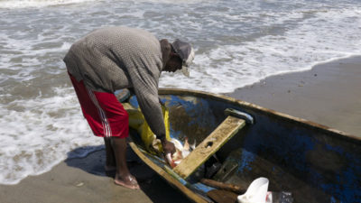 Fisherman returns to the shore at La Rosita with his catch.