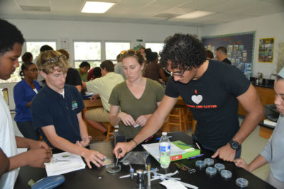 Students sterilize diseased leaf pieces in bleach solution.